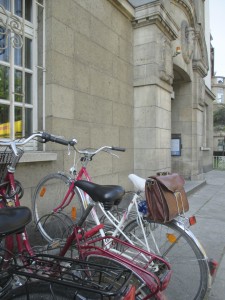 The bicycle and bag of Lucy Barnhouse, on a picturesque street in Mainz, Germany